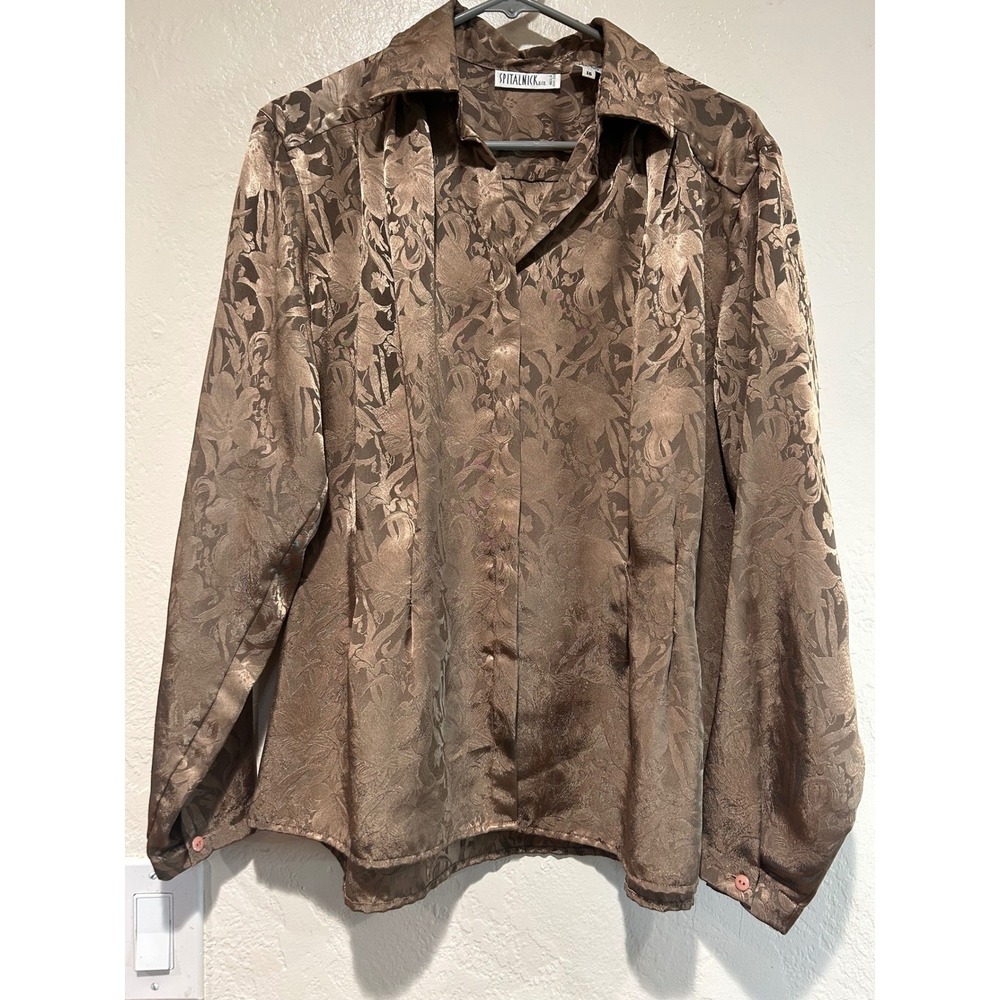 Spitalnick & Co Vintage Bronze Floral Jacquard‎ Button Down Blouse 16